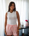 Women Summer Pajama set Off White Top + Pink X Orange Stripes Shorts